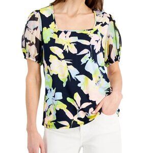 WILLOW DRIVE Black Yellow Floral Square Neck Sheer Puff Sleeve Blouse Size XL